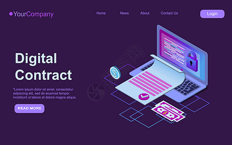 笔记本电脑屏幕数字签名服务安全互联网技术3d 矢量登陆页 EP 文档上的电子合同等距网络横幅签名图片
