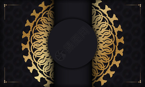 金色曼达拉模式的黑色横幅模板标签艺术装饰品墙纸卡片叶子问候语插图金子漩涡图片