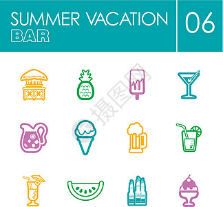 酒吧海滩图标集 夏季 假期热带柠檬水壶薄荷酒精菠萝瓶子平房茶点香草图片