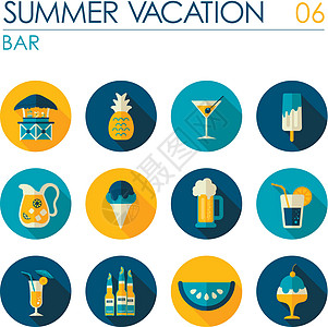 酒吧海滩平面图标集 夏季 假期水壶平房酒精甜点咖啡店西瓜热带食物瓶子啤酒图片