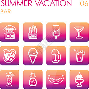 酒吧海滩图标集 夏季 假期柠檬酒精食物甜点茶点热带奶油水壶啤酒平房图片