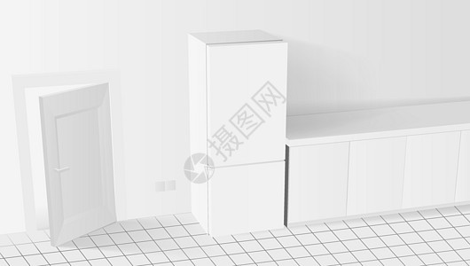 3D 白色厨房内部与冰箱和斗图片