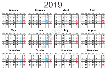日历 2019 矢量插图 平面设计 在白色背景上被隔离规划师日记蓝色红色季节警报商业办公室数字桌子图片