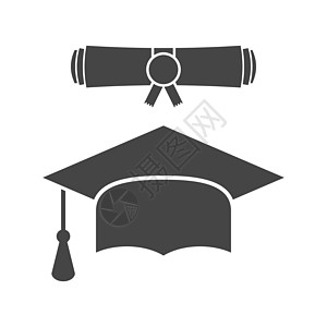 毕业帽和文凭滚动图标矢量图在平面样式 完成教育符号 庆典元素 白色背景上有文凭的黑色毕业帽图片