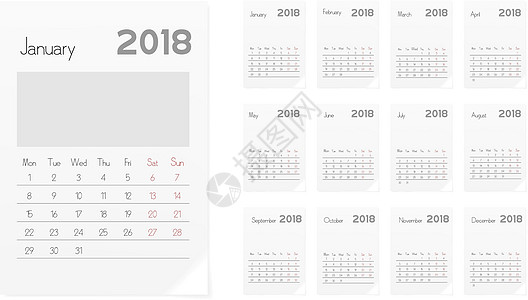 2018日历模板2018 年日历规划师设计模板数字办公室插图白色商业插画