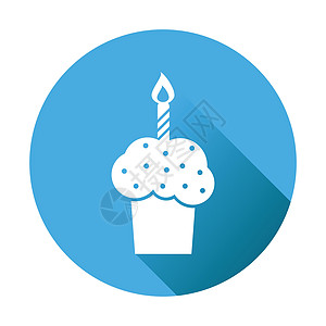 生日蛋糕平面图标 蓝色圆形背景上的新鲜馅饼松饼杯子巧克力甜点水果插图食物奶油面包糖果庆典图片