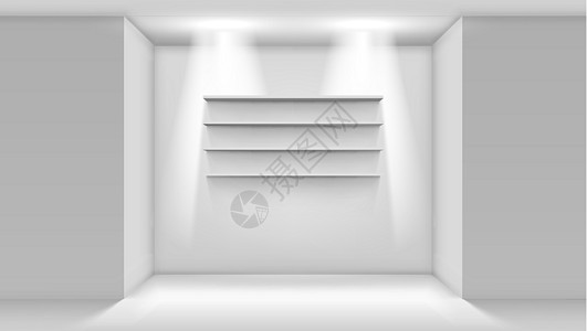 Wal 上的 3d 空白色商店货架控制板长方形家具阴影商业房间角落产品陈列柜天花板图片