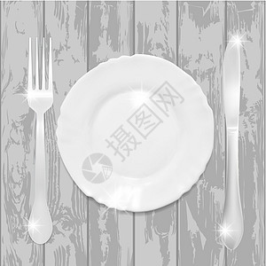在木桌上的现实白板插图桌子白色车道食物厨房用餐材料圆圈盘子图片