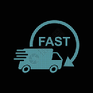 像素风格的送货卡车标识 快速交货服务航运矢量图标志图标 黑色背景上用于商业营销或移动应用程序互联网概念的简单平面象形图图片