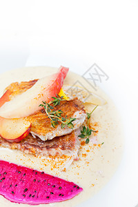 油炸海红花奶油锅水果盘子餐厅美食沙拉海鲜百里香营养李子鱼片图片