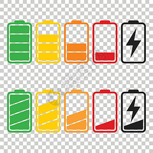 在孤立的背景上设置的电池图标矢量 电池电量满和低的符号 电池电量平面矢量图解金属玻璃化学品加载力量电气累加器碱性插图电压图片