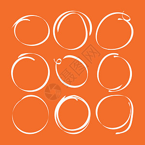 一套手绘涂鸦圈 矢量元素 橙色背景上的插图商业圆弧草图线条推介会艺术外壳技术橙子收藏背景图片