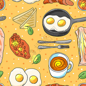 全套英式早餐 漂亮的手绘矢量食物插画油炸烹饪厨房卡片美食草图熏肉午餐菜单绘画图片