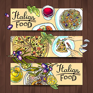 水平横幅意大利食品-木材纹理中的图片
