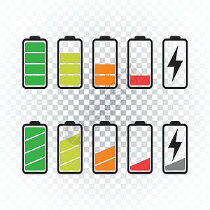 在孤立的背景上设置的电池图标矢量 电池电量满和低的符号 电池电量平面矢量图解按钮技术艺术细胞活力力量电气燃料红色累加器图片