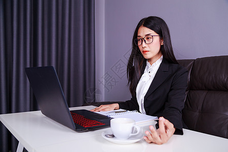 从事笔记本电脑工作 在笔记本上写日记的商业妇女人士职场女士互联网女性技术桌子百叶窗经理套装图片