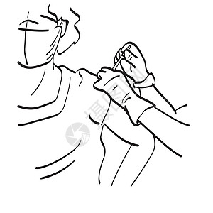 口罩特写特写医生在病人的肩膀上接种疫苗 用白色背景线条艺术上分离的医用面罩图解载体插画