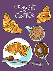 羊角面包和咖啡 餐厅菜单的手绘美丽素描风格插图甜点早餐杯子拿铁咖啡店食物艺术巧克力勺子店铺图片