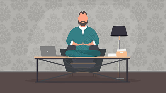 办公室有卡通风格的男子默思 工作上瑜伽 商务人士在桌上用电脑放松莲花姿势图片