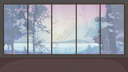 窗外的森林 矢量室 这里有一大片全景窗口桦木阳光窗户家具木头季节树木叶子公寓花园图片