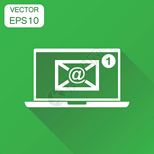 电脑绿色笔记本电脑图标上的电子邮件信封消息 商业概念电子邮件收件箱象形图 带有长阴影的绿色背景的矢量图解按钮营销广告插图技术邮箱服务互联设计图片