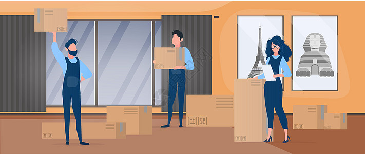 搬家 办公室搬迁至新地点 搬运工搬运箱子 货物运输和交付的概念 向量商务财产插图椅子植物男性房子商业家具盒子图片