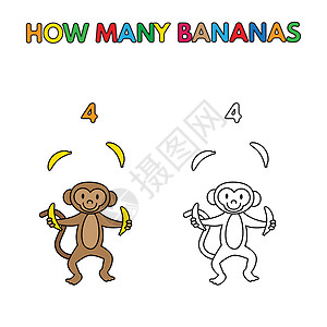 卡通猴子计数香蕉染色簿绘画艺术艺术品快乐孩子们水果马戏团爱好英语数字图片