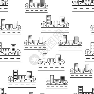 城市建筑无缝图案背景图标 商业平面矢量图 城市建筑物标志符号模式房子购物酒店办公室学校大学店铺咖啡馆中心插图图片