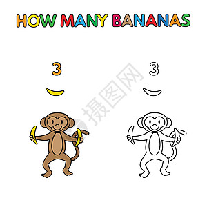 卡通猴子计数香蕉染色簿爱好动物幼儿园马戏团绘画孩子们丛林动物园卡通片教育图片