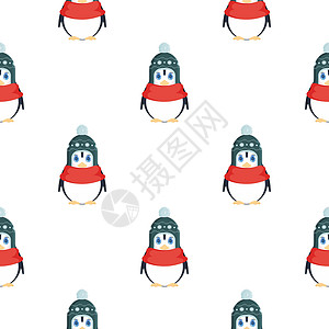 无缝图案与可爱的企鹅在冬天的帽子和一条红围巾 可爱的小企鹅 适用于明信片 包装纸 书籍和海报 向量图片