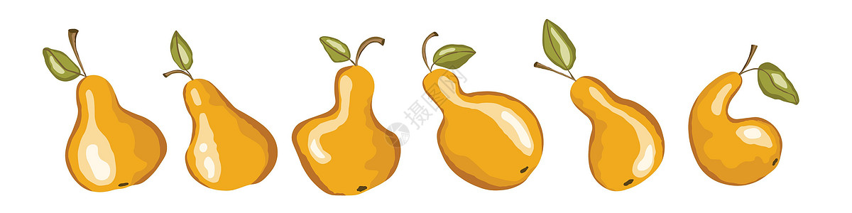 在白色背景上隔离的梨图标集 天然美味新鲜成熟美味的水果 包装横幅卡其他设计的模板矢量插图 程式化的梨叶 食品概念卡通片异国生态艺图片