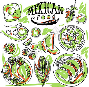 漂亮的手绘墨西哥食物它制作图案绘画草本植物胡椒玉米插图烹饪午餐美食牛肉植物图片