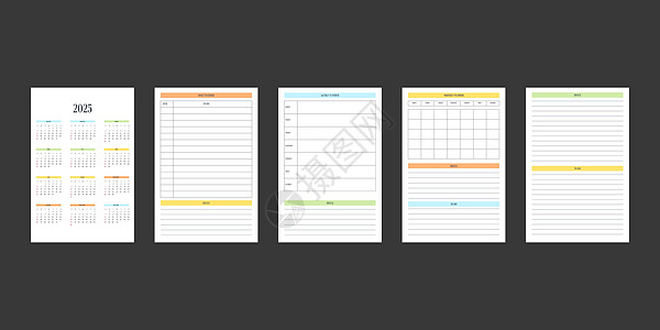 克制经典严格风格的 2025 年日历和每日每周每月个人计划日记模板 商务笔记本月历个人日程极简主义内敛设计 星期从周日开始记事簿网格设计图片