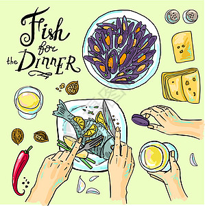 晚餐吃鱼-用seafoo手绘精美插画图片