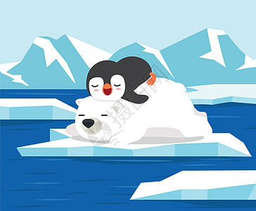 北极熊和小企鹅睡在冰面上图片