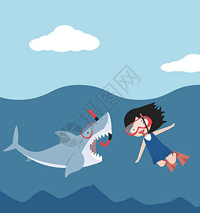 带有女孩潜水设备的鲨鱼张嘴 并配有女童潜水设备荒野旅行攻击面具插图捕食者吉祥物牙齿潜水员蓝色图片
