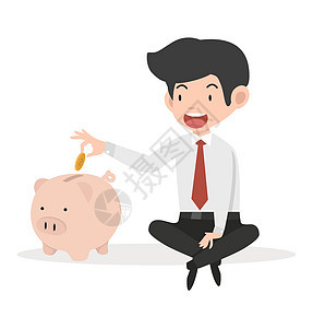 生意人把硬币 一个小猪银行概念图片