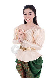 身穿泰国传统服装的妇女 在白种背景上孤立的薪资尊重艺术女性文化历史裙子成人问候语女士戏服微笑图片