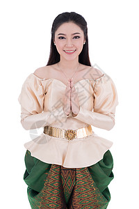 身穿泰国传统服装的妇女 在白种背景上孤立的薪资尊重戏服女性女士文化微笑问候语裙子成人历史女孩图片