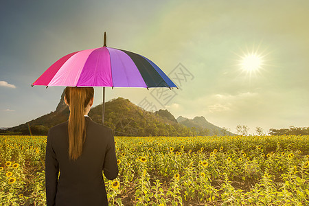 在向日葵花田和太阳中拥有多色伞的女商务人士自由农业场地天空橙子日落蓝色温度女性晴天图片