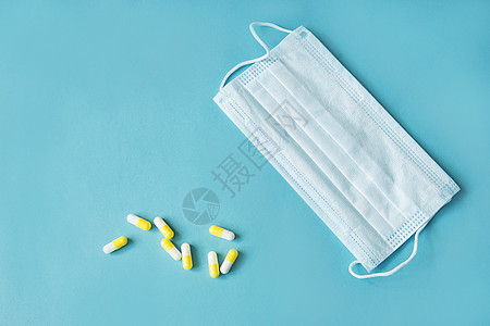 呼吸面具和蓝色底部胶囊里的药剂消毒药品流感预防面具液体防护防腐剂消毒剂药物图片