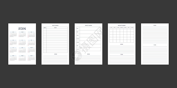 经典严格风格的 2024 年日历和每日每周每月个人计划日记模板 商务笔记本月历个人日程极简主义内敛设计 星期从周日开始年度规划师图片