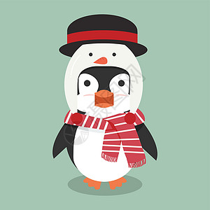 冬季向量中带雪人帽子的企鹅动物图片