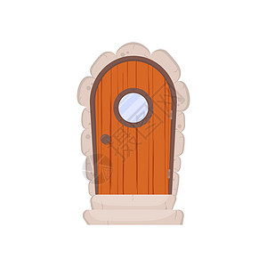 古董木制门 有圆窗 石环和台阶 木质纹理 卡通风格 孤立的矢量图解图片