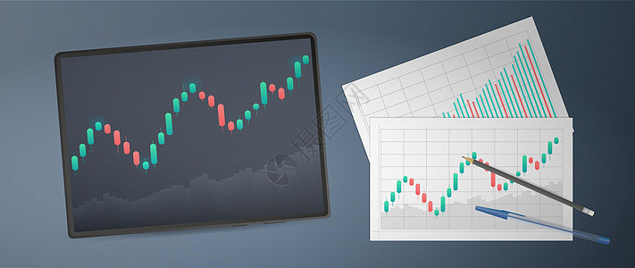 带有上流线图 直方图和牛市股票数字的平板板 带有商业图表的信笺 矢量图片
