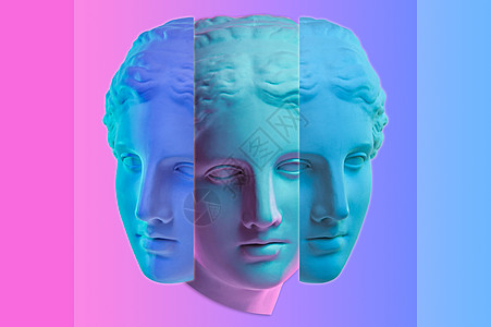 米洛的维纳斯雕像 创意概念彩色霓虹灯图像与古希腊雕塑维纳斯或阿芙罗狄蒂头 和超现实主义艺术风格 粉色和蓝色双色调效果派对紫色女士图片
