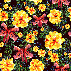 与夏季鲜花花束的无缝模式 水彩插图 和红博花园花朵艺术邀请函装饰品纺织品丝带生日植物群野花图片