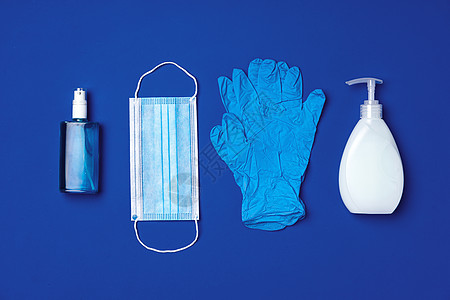 Corona病毒预防 蓝底面罩 手套 肥皂和防腐剂口罩外科安全凝胶病菌援助消毒液体医院感染图片
