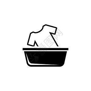 在洗 T 恤的盆中手洗衣服 平面矢量图标说明 白色背景上的简单黑色符号 用于 web 和移动 UI 元素的洗手盆标志设计模板中的图片