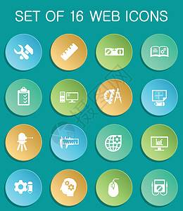 彩色圆形按钮上的工程 web 图标图表三脚架电脑技术绘画科学工作铅笔激光地球图片